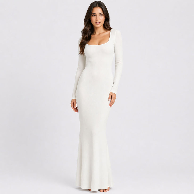 Geripptes Maxikleid mit langen Ärmeln