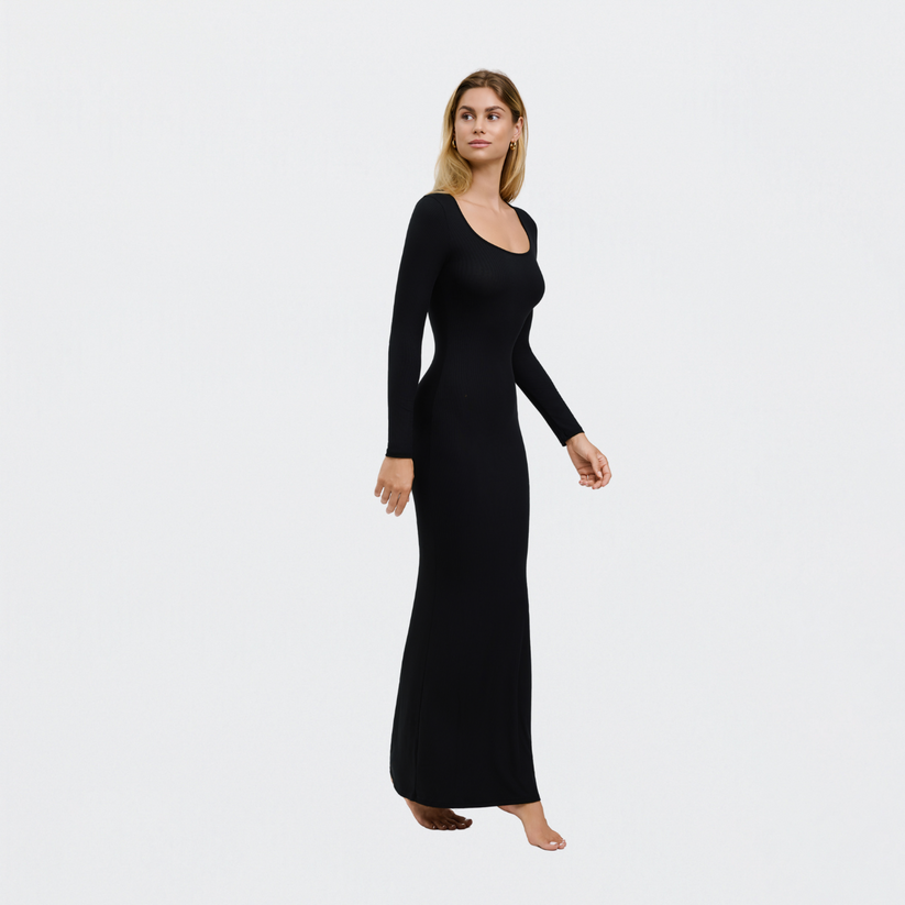 Geripptes Maxikleid mit langen Ärmeln