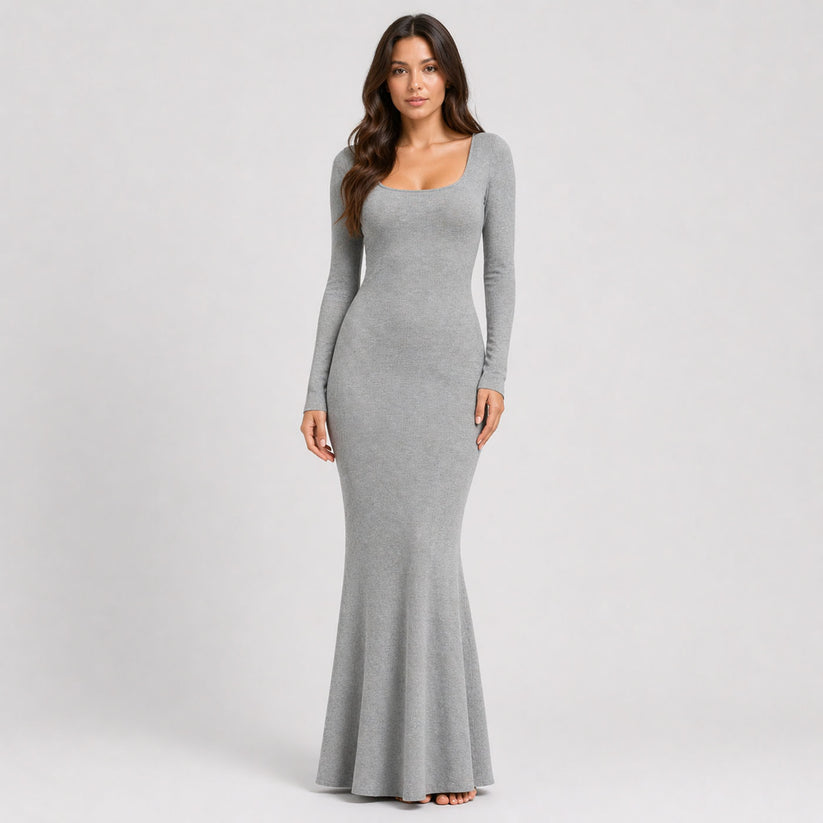 Geripptes Maxikleid mit langen Ärmeln